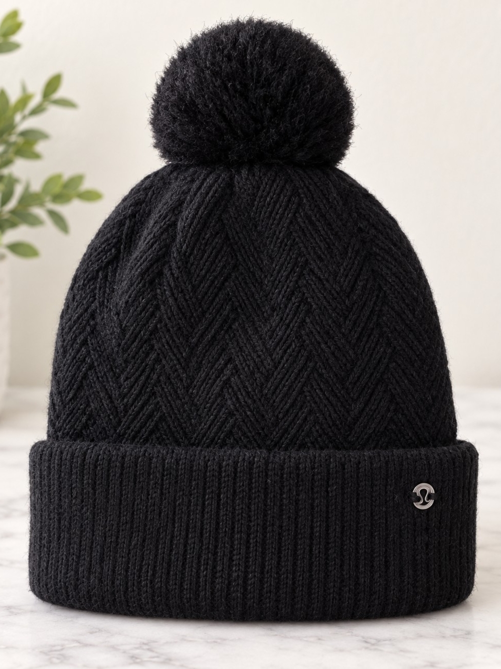 Black Cable-Knit Pom Beanie - Designer Logo Accent